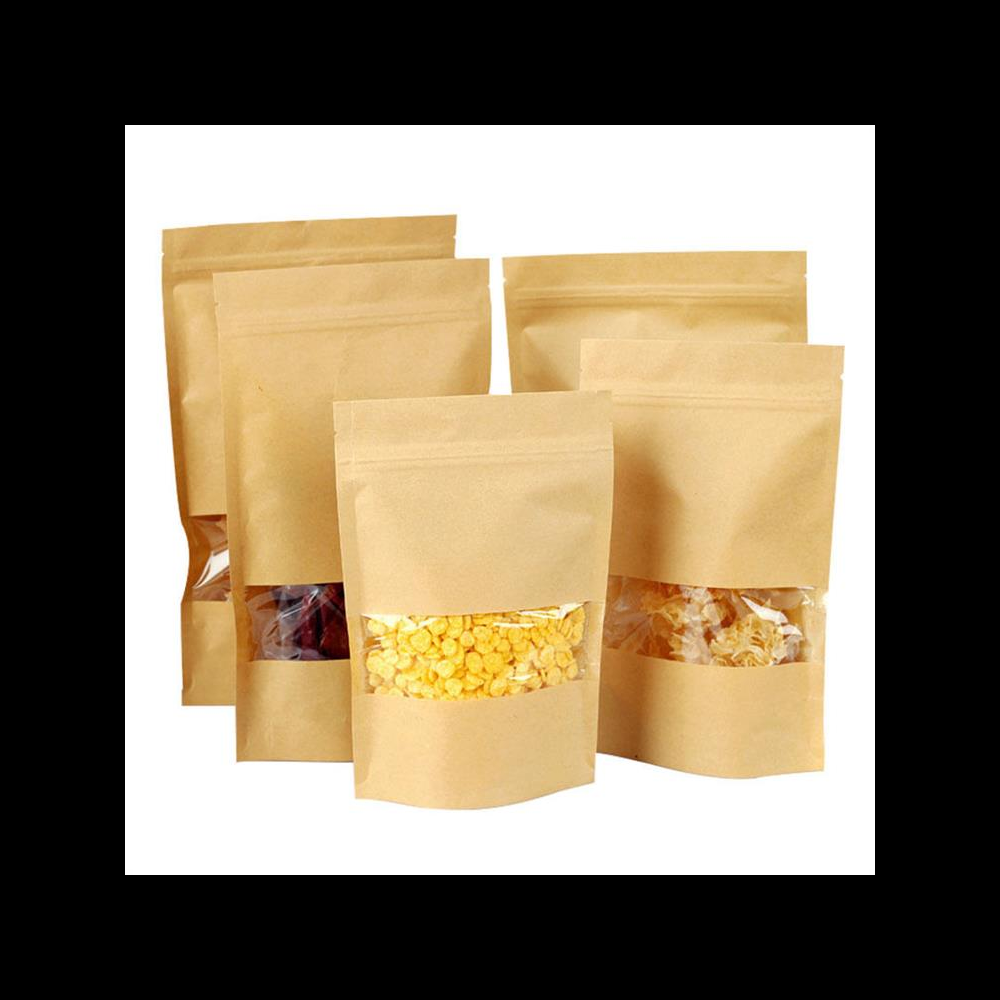OEM ODM Zipper Kraft Paper Bags With Clear Window Stand Up Pouch