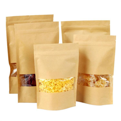 OEM ODM Zipper Kraft Paper Bags With Clear Window Stand Up Pouch